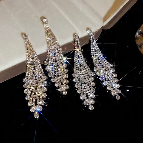 Orecchini A Pendente Con Nappa Lunga Lusso Rhinestone Rame Con Perno In Argento Stile Palazzo Elegante Gioielli Da Sposa