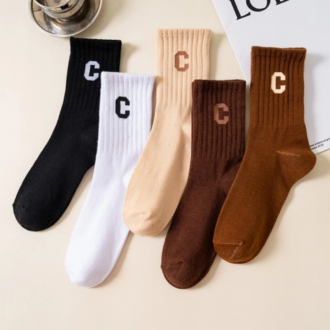 Wadenhohe Crew Socken Baumwollmischung Atmungsaktiv Gerippt C Buchstaben Stickerei Einfarbig Lässig Sport