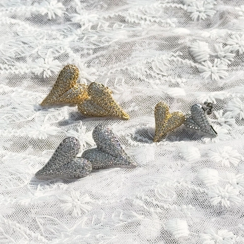 Fashion Copper Heart Stud Earrings With Rhinestone Elegant Gold Silver Color Small Large Heart Earrings For Women Jewelry Gift