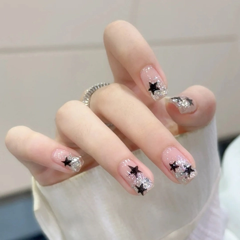 Press On Nails Nude Pink Short Square With Black Star Pattern And Silver Glitter Glossy Fashion For Women