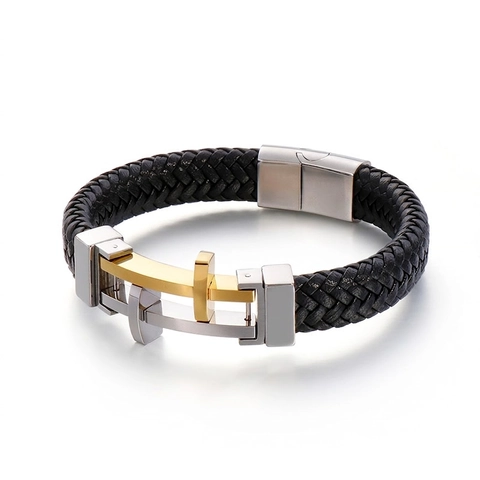 Herren Armband Geflochtenes Leder Mit 316L Edelstahl Kreuz Anhänger Magnetverschluss Modischer Geometrischer Schmuck