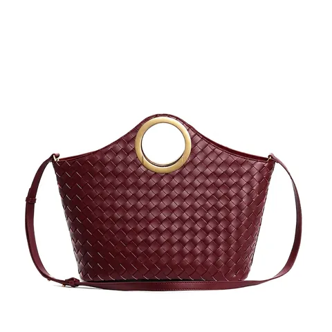 Woven Genuine Leather Handbag Large Capacity Tote Inner Pouch Metal Ring Handle Retro Shoulder Crossbody Bag For Women