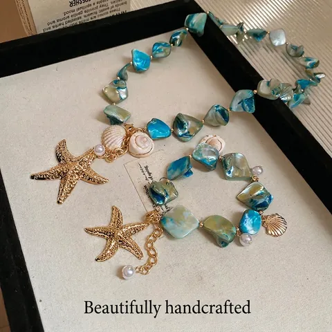 Starfish Shell Pendant Necklace Irregular Blue Beads Faux Artificial Pearl Gold Alloy Seaside Beach Vacation Bohemian Jewelry Women