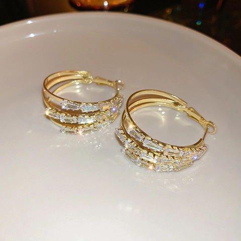 Alloy Crystal Hoop Earrings With Silver Earring Post Layered Baguette Geometric Gold Plated Luxury Style For Women