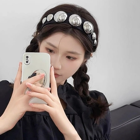 Wide Headband For Women Black Fabric Hair Hoop With Silver Hemispherical Studs Chic Punk Style High Skull Top