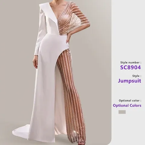 Women Asymmetrical Splicing V-Neck Lace Jumpsuit White Sequin Mesh Evening Dress Elegant Patchwork Long Sleeve Maxi Suit