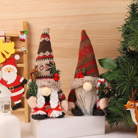 Christmas Gnome Faceless Plush Doll Knitted Long Hat Nordic Pattern Faux Fur Beard Braid Ornament Festive Table Decor