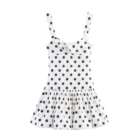 Vestido Mini Con Estampado De Lunares Para Mujer Elegante Cuello En V Sin Mangas Cintura Alta Dobladillo De Globo Poliéster