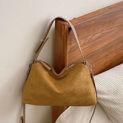 Borsa A Spalla Vintage In Camoscio Da Donna Grande Capacità Retro Hobo Borsa Sottobraccio Con Chiusura In Metallo Elegante