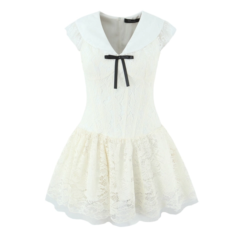 Mini Vestido De Encaje Blanco Dulce Francés Malla Cuello En V Lazo Manga Corta Estilo Lolita Elegante Para Mujer
