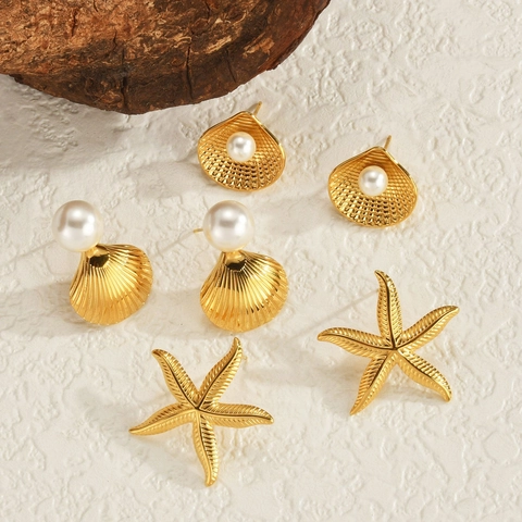 Ocean Style Stainless Steel Gold Plated Shell Starfish Artificial Pearl Stud Earrings For Women Fashion Daily Jewelry