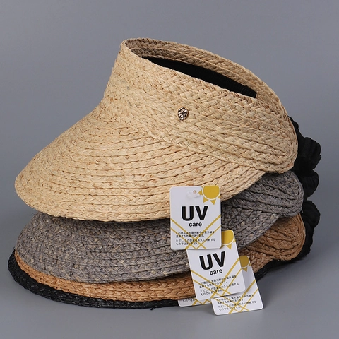 Raffia Sun Visor Hat Women Wide Brim UV Protection Breathable Adjustable Empty Top Straw Cap Outdoor Summer