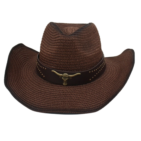 Western Cowboy Straw Hat With Bull Head Metal Decor Rivet Leather Band Wide Brim Sun Protection Breathable Beach Hat
