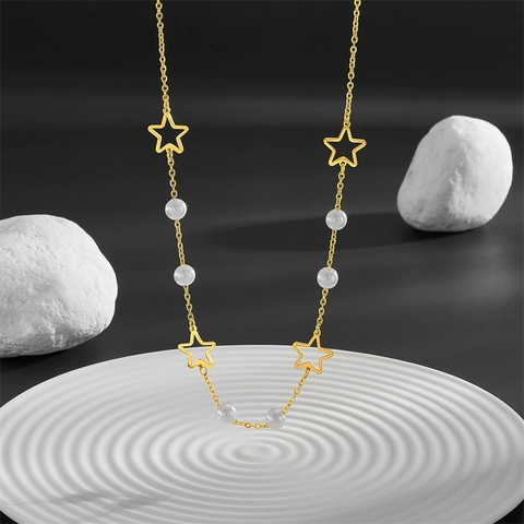 Collier En Acier Inoxydable Avec Künstliche Perles Imitation Et Pendentif Étoile Creuse Plaqué Or Élégante Chaîne De Clavicule Pour Femmes