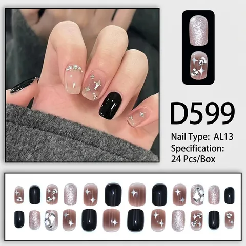 Press On Nails Dark Style Black Glossy Silver Glitter Star Rhinestone Short Square Round Acrylic Fake Nails For Women