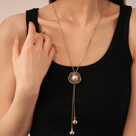 Collar Largo De Flor Hueca Vintage Con Aleación Brillantes E Imitación Perla Artificial Champán Borla Ajustable Cadena Suéter Mujer