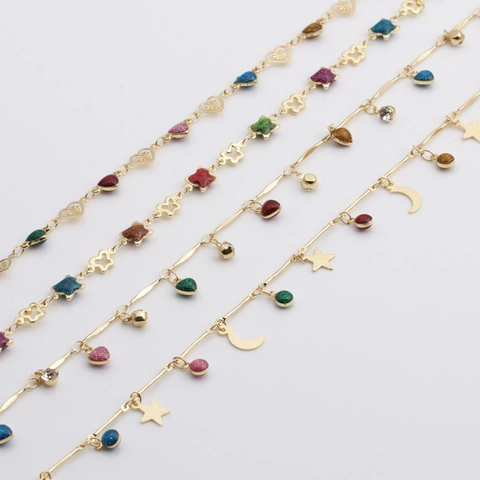 Collar De Cobre De Moda Con Colgantes De Luna Estrella Corazón De Purpurina Colorida Circonio Incrustado Joyería Mujer
