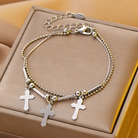 Fashion Stainless Steel Alloy Layered Bracelet For Women Silver Chain With Star Moon Butterfly Cross Rhinestone Charms Jewelry Gift