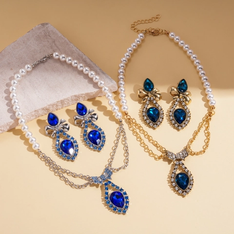 Joyas Palacio Vintage Gota Agua Cristal Azul Lazo Collar Perlas Artificiales Imitación Y Pendientes Con Poste Plata Aleación Diamantes Imitación