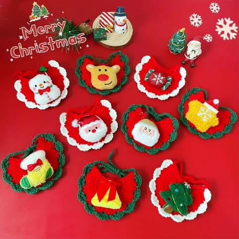 Christmas Pet Bib Scarf Handmade Crochet Knitted Holiday Costume Accessories For Cats Small Dogs Santa Snowman Reindeer