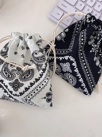 Mini Drawstring Pouch Bag Polyester Cloth Jewelry Organizer Lipstick Key Case Paisley Plaid Polka Dot Bow Prints Cute Fashion Pouch