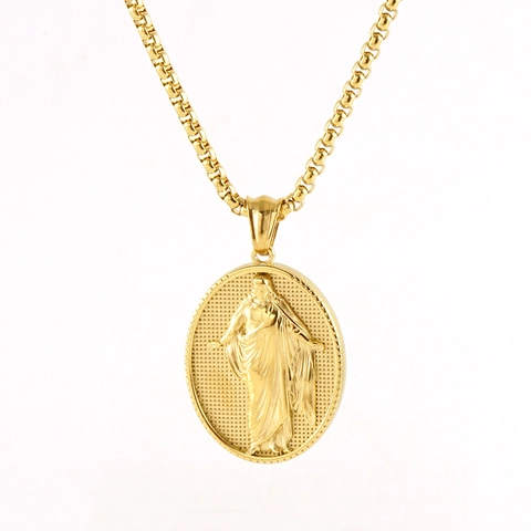 Religiöse Halskette Mit Ovalem Jesus-Anhänger 18 Karat Vergoldeter Edelstahl Ovaler Münzmedaillon-Schmuck