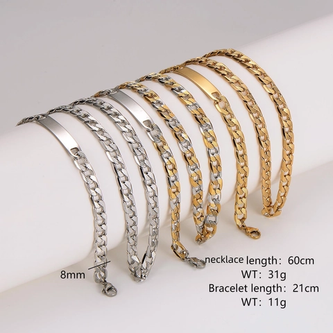 Stainless Steel Cubana Chain Necklace And Bracelet With ID Plate Hip Hop Minimalist Trendy Jewelry For Men Women