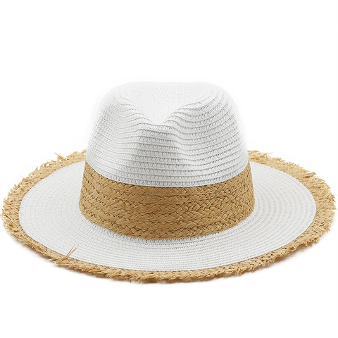 Women Summer Fedora Straw Hat Wide Brim Color Block Frayed Edge Sun Protection Breathable Beach Vacation Panama Style