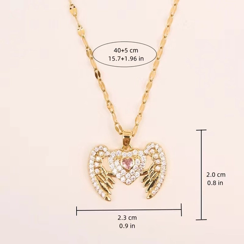 Collier Pendentif Cœur Aile Acier Titane Cuivre Zircone Élégant Bijoux De Mode Guardian Heart Pour Femmes