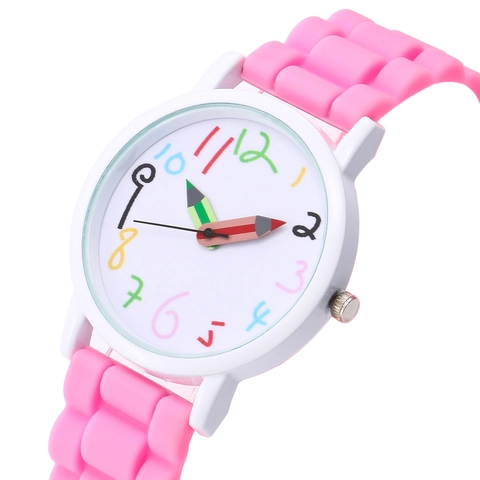 Cute Cartoon Pencil Hands Children Quartz Watch Multicolor Numbers Silicone Strap Kids Analog Wristwatch For Boys Girls