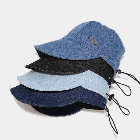 Wide Brim Denim Sun Hat For Women UV Protection Washed Cotton Adjustable Drawstring Outdoor Casual Bucket Hat Metal Tag
