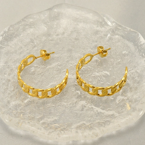 Créoles Épaisses Plaquées Or 18K Acier Inoxydable Maillons De Chaîne Géométrique En C Bijoux Vintage Pour Femmes