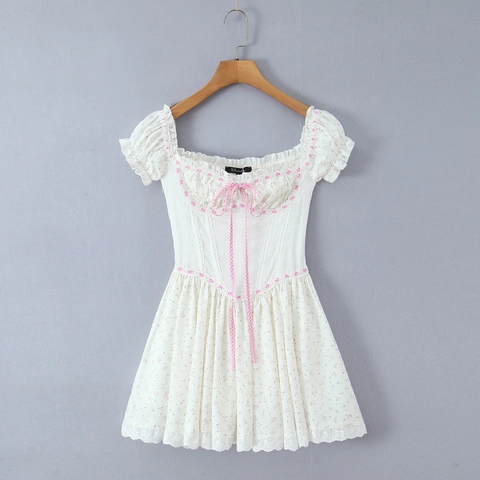 Robe Courte Fleurie Épaules Dénudées Polyester Taille Corset Manches Bouffantes Vintage Dentelle Pour Femmes