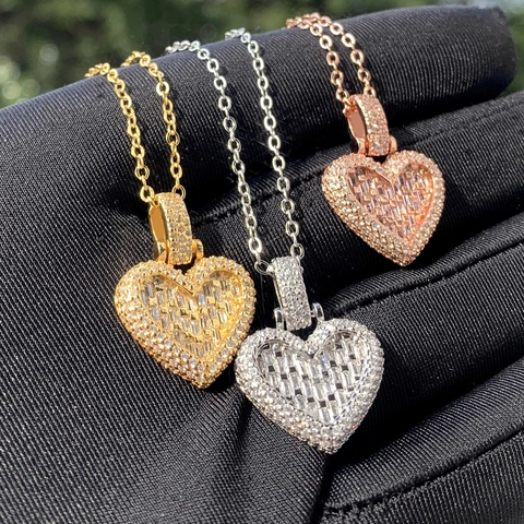 Hip Hop Copper Heart Zirconia Pendant Necklace For Women Full Inlaid Rhinestone Box Chain Necklace Iced Out Jewelry Gift