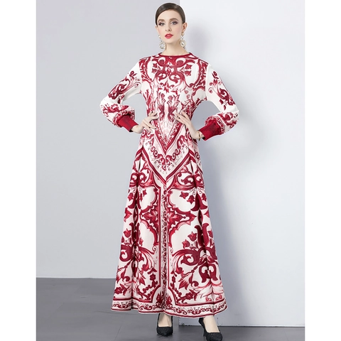 Dames Elegante Geplooide Maxi-Jurk Barokprint Lange Mouwen Ronde Hals Polyester Patchwork Vintage Vloeiende Lange Jurk