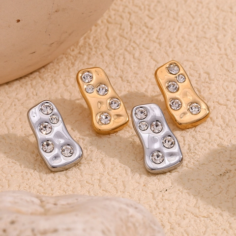 Irregular Geometric Stud Earrings 18K Gold Plated Stainless Steel Hammered Texture White Rhinestone Niche Luxury Women