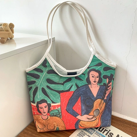 Artistic Oil Painting Canvas Tote Bag Large Capacity Vintage Print Shoulder Handbag For Women Magnetic Closure
