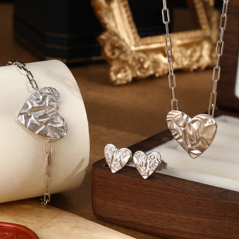 Set Di Gioielli Cuore In Argento Sterling 925 Collana Bracciale Orecchini A Lobo Per Donne