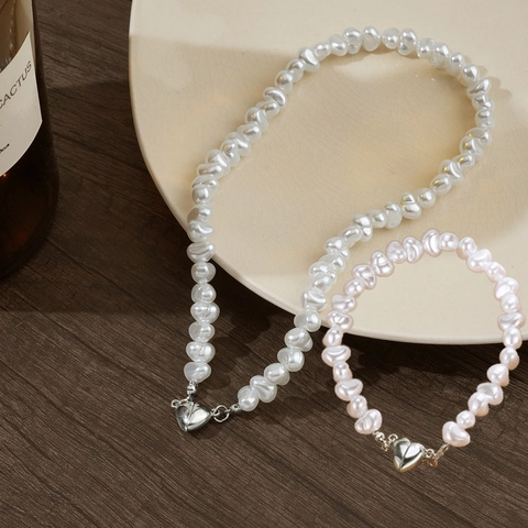 Joyas De Perlas de Agua Dulce Vintage Francés Collar Y Pulsera Con Cierre Magnético De Corazón Para Mujer Elegante Accesorio