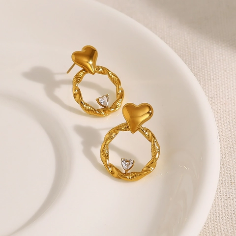 Orecchini a Bottone a Cuore in Acciaio Inossidabile per Donna Orecchini a Cerchio Torsadé Placcati in Oro con Strass a Cuore