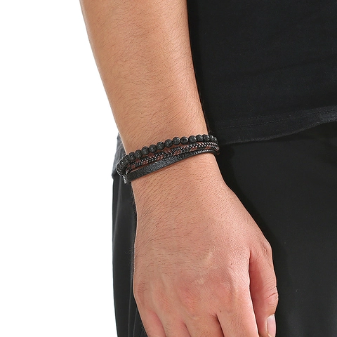 Bracciale Multistrato In Pelle Intrecciata Da Uomo Con Perle In Pietra Lavica Occhio Di Tigre E Chiusura Magnetica In Acciaio Inossidabile Gioielli