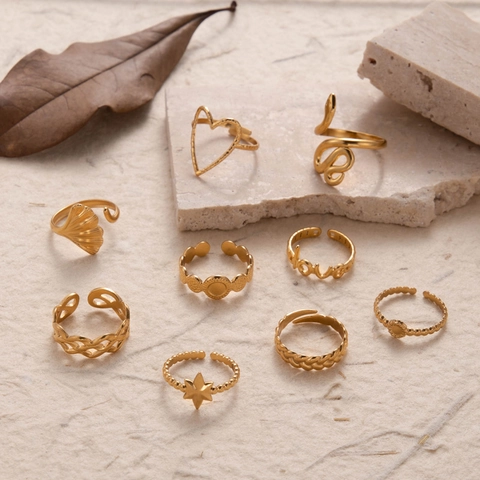 Stainless Steel Ring Gold Color Adjustable Open Snake Heart Ginkgo Leaf Star Love Fashion Minimalist Jewelry For Women