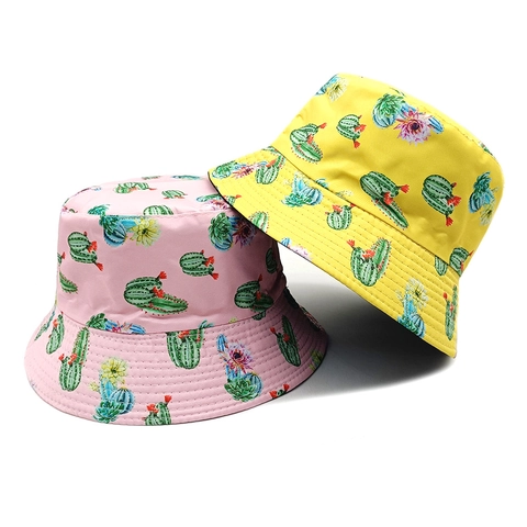 Cactus Floral Print Bucket Hat Reversible Double Sided Summer Sun Hat Polyester Cotton Vacation Outdoor Unisex