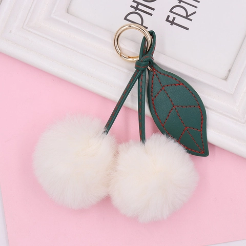 Portachiavi Peluche Ciliegia Pelliccia Sintetica Di Coniglio Pompon Ciondolo Per Borsa Accessorio Per Auto Frutta Carina