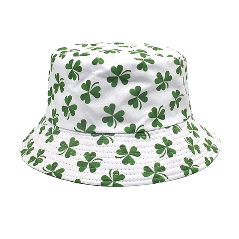 Reversible Bucket Hat Polyester St Patrick Day Shamrock Clover Print Double Sided Sun Protection Outdoor Casual Adults