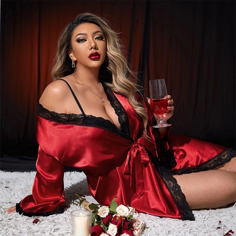 Plus Size Women Red Satin Robe Sexy Black Lace Trim Long Sleeve V-Neck Luxurious Nightgown Elegant Sleepwear