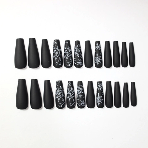 Uñas Postizas Largas Forma Ataúd Negro Mate Patrón Copo De Nieve Estilo Navidad Invierno Artificiales ABS Para Mujeres