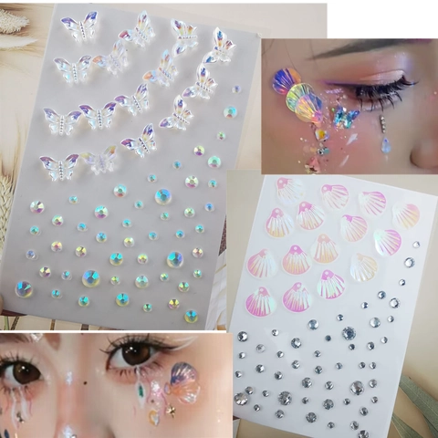 Self Adhesive Face Gems Rhinestone Stickers Iridescent Butterfly Heart Artificial Pearl Bow Ribbon Decor For Makeup Body Art