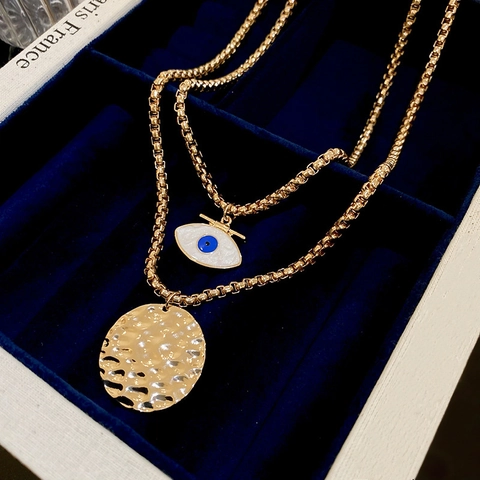 Collana A Doppio Strato In Lega Placcata Oro Pendente Malocchio Smaltato Disco Rotondo Martellato Gioielli Vintage
