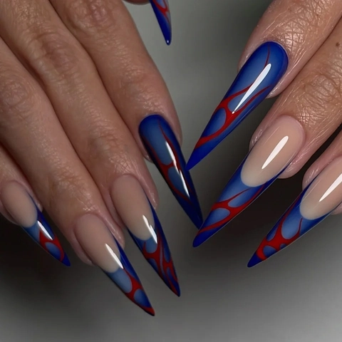 Unghie Finte Extra Lunghe Stiletto A Pressione Blu Con Motivo A Fiamma Rossa Punte Per Unghie Artificiali Lucide Per Donne